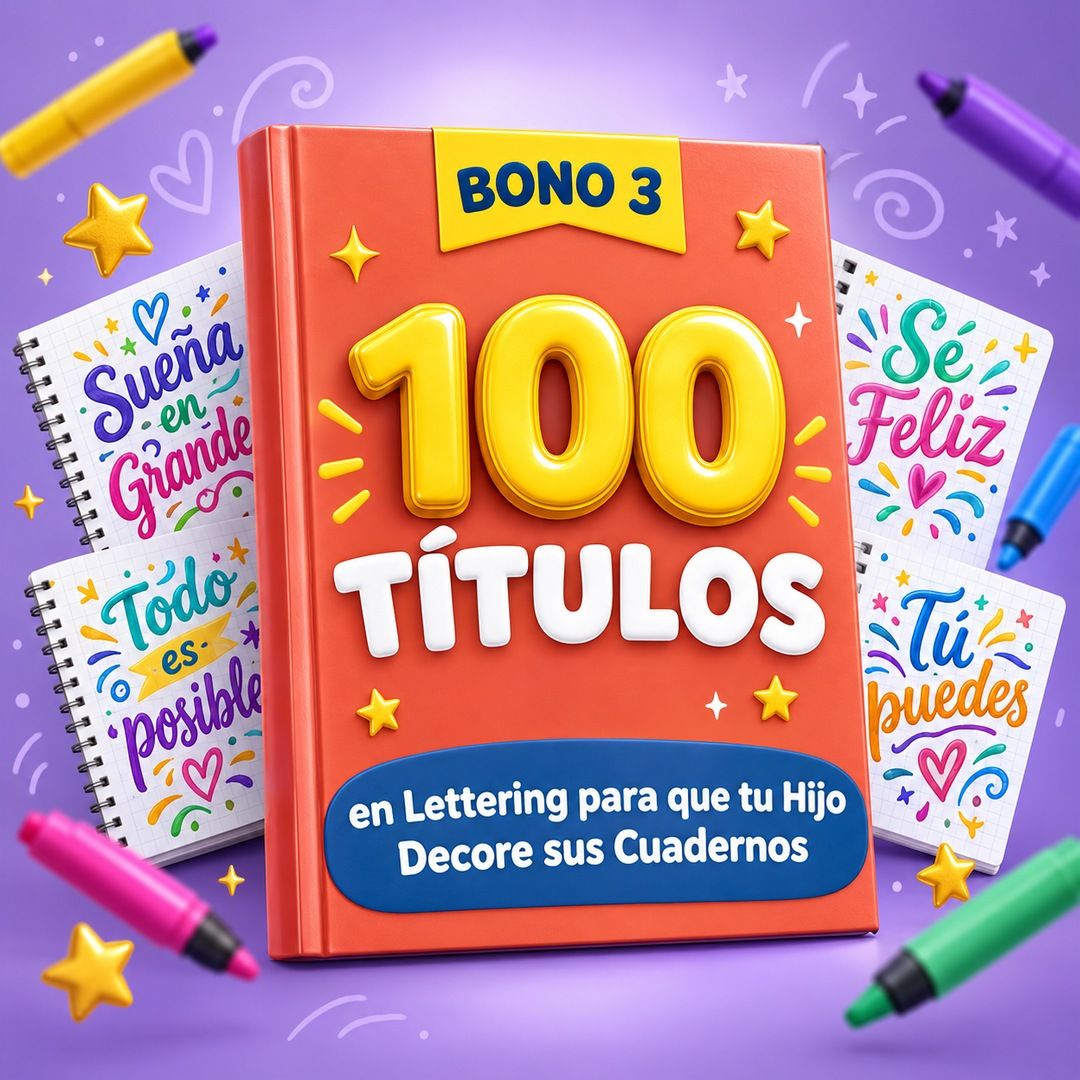 Portada del bono 3: 100 Títulos en Lettering para que tu Hijo Decore sus Cuadernos